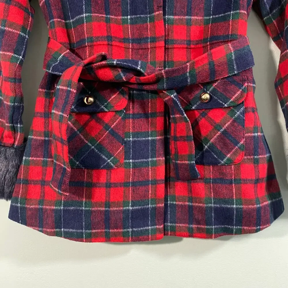 Janie & Jack X American Girl Navy & Red Tartan Plaid Fur-Trim Plaid Coat Sz 7-8